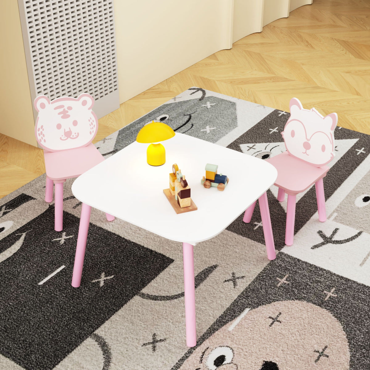 Table And Chair Set, 3 Piece Wooden Toddler Desk With Animal Backrest - Pink / White
