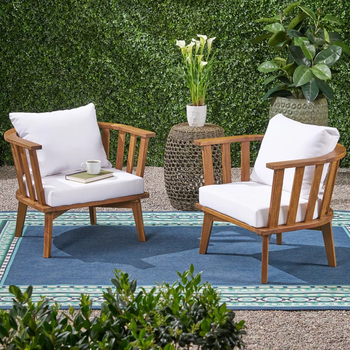 Set of 2 Outdoor Acacia Wood Patio Club Chairs