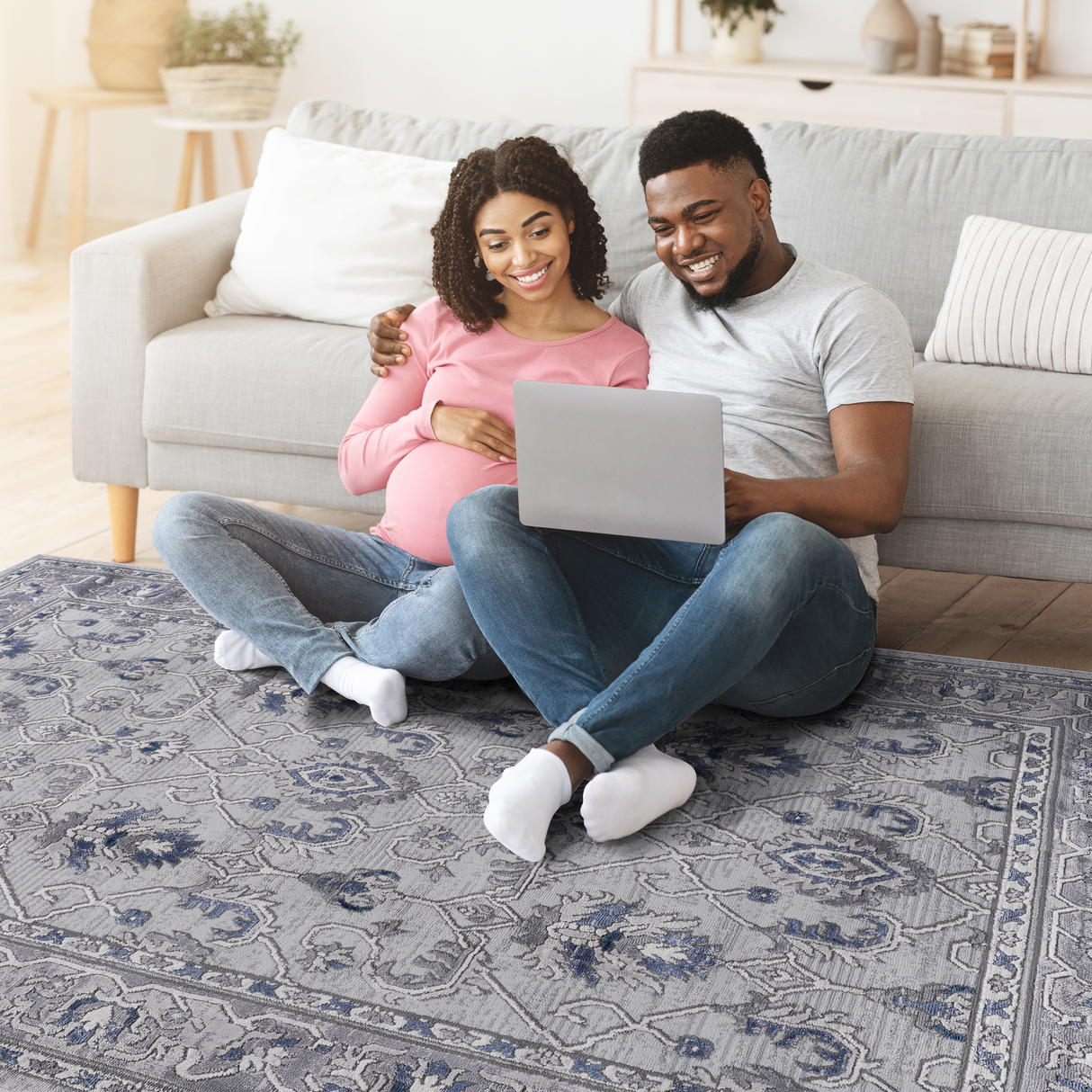 6X9 Grey/Blue/Oriental Non-Shedding Living Room and Stain Resistant Area Rug