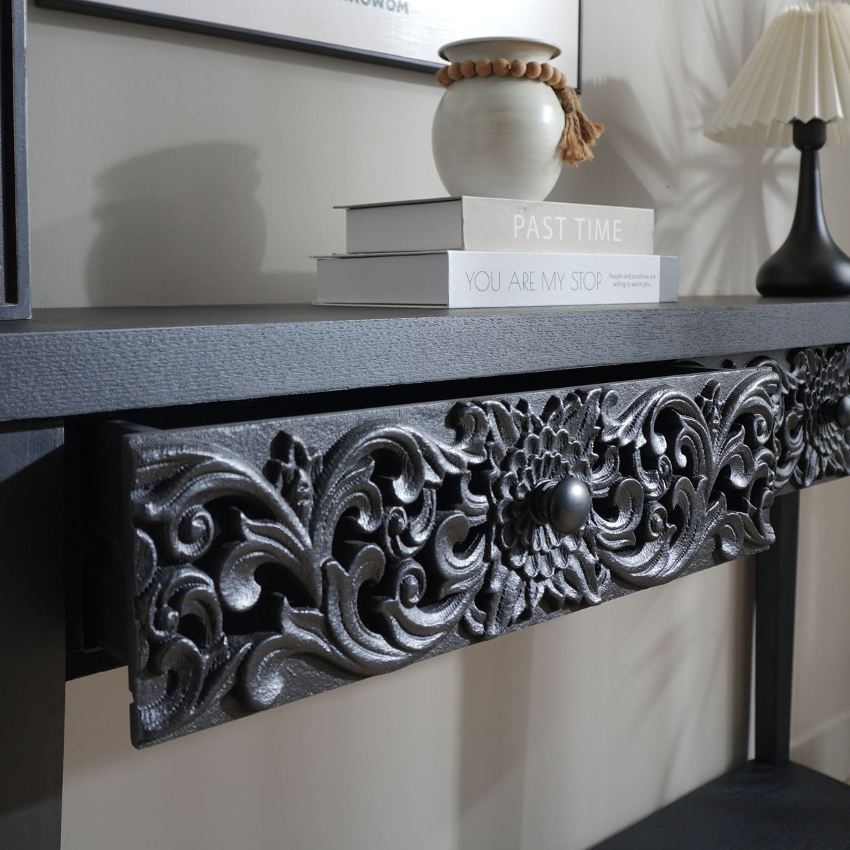 59.2in Black Carved Wooden Console Table with Lower Storage Shelf Tow Drawers– Elegant Decorative Accent for Entryway, Living Room, and Hallway