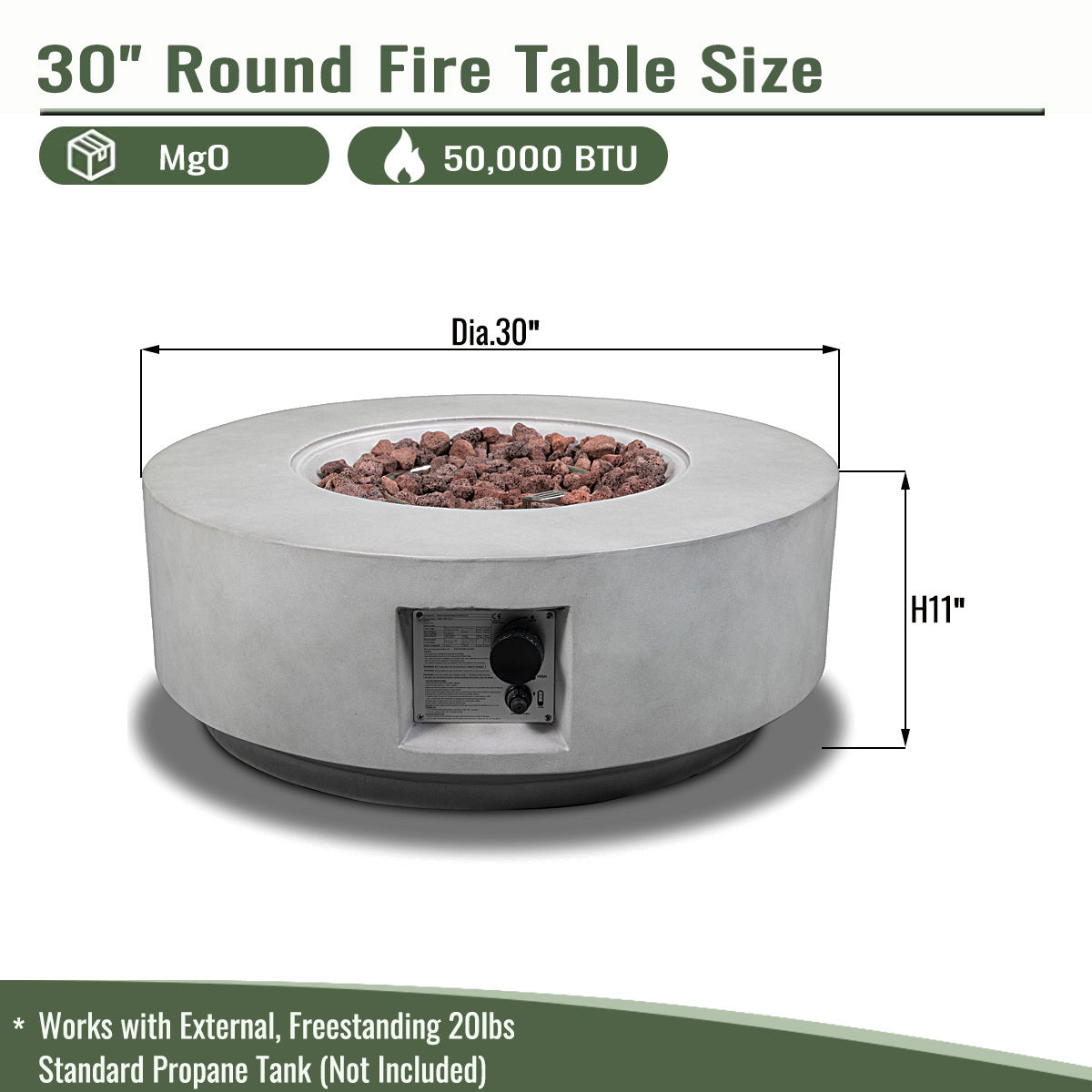 30" Propane Gas Fire Pit Table - 50000 BTU Round Concrete Fire Pit