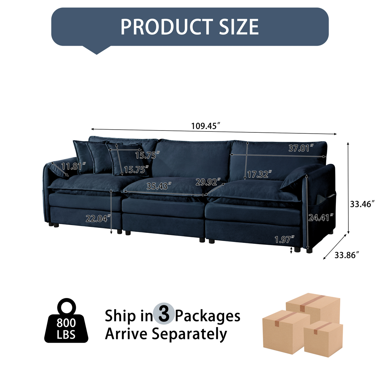 Oversized Deep Seat Sectional Sofa Modern Chenille Cloud Couch Large 3 Seater Modular Sofa with 3 Pillows