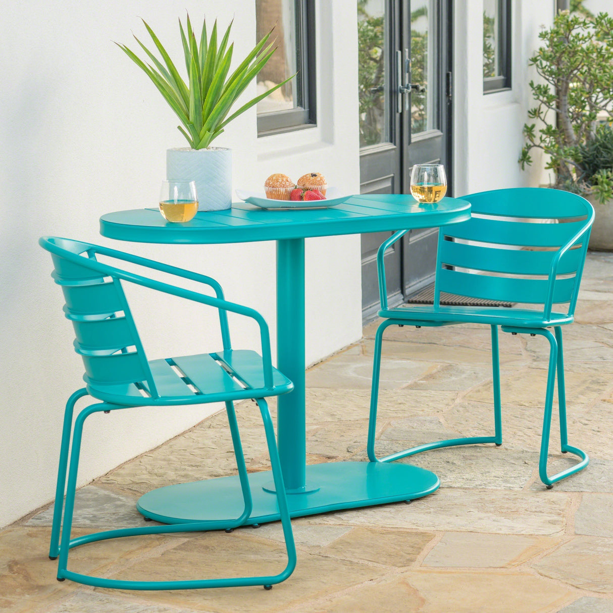 3-Piece Elegant Outdoor Bistro Set with 2 Chairs and Oval Table, Teal