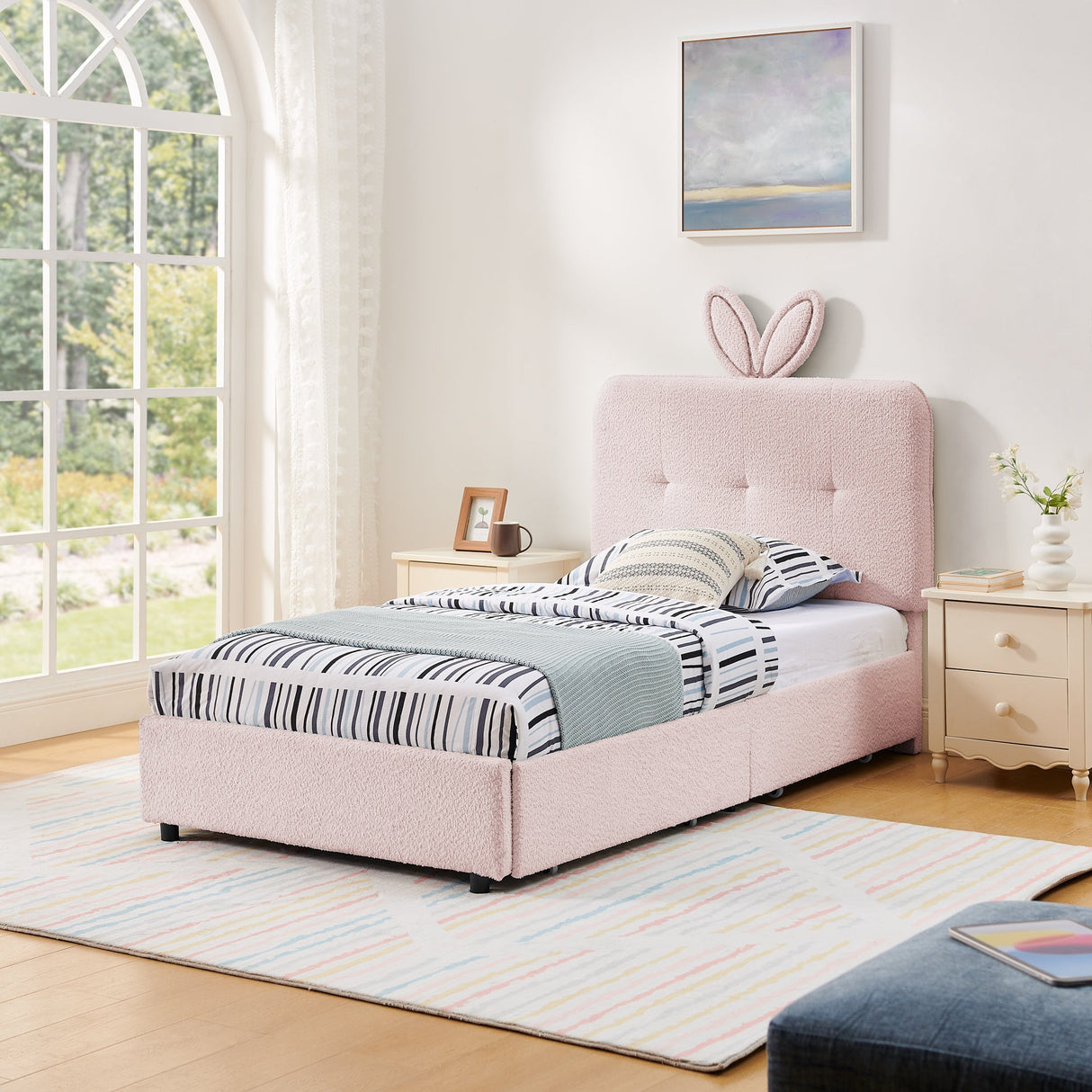 Twin Size Kids Upholstered Bed with Oversized Rabbit Ear Headboard, LED Light & 4 Storage Drawers, Boucle Fabric (79.5''X40.75''X41'')