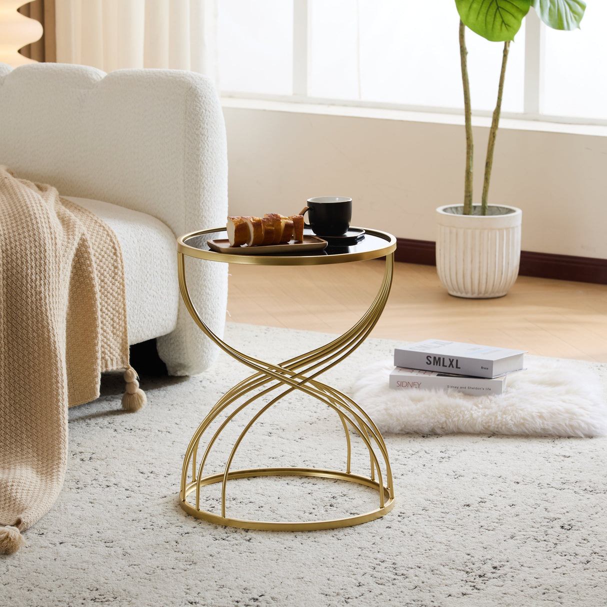 Modern Side Table with Golden Metal Frame and Black Mirror Top