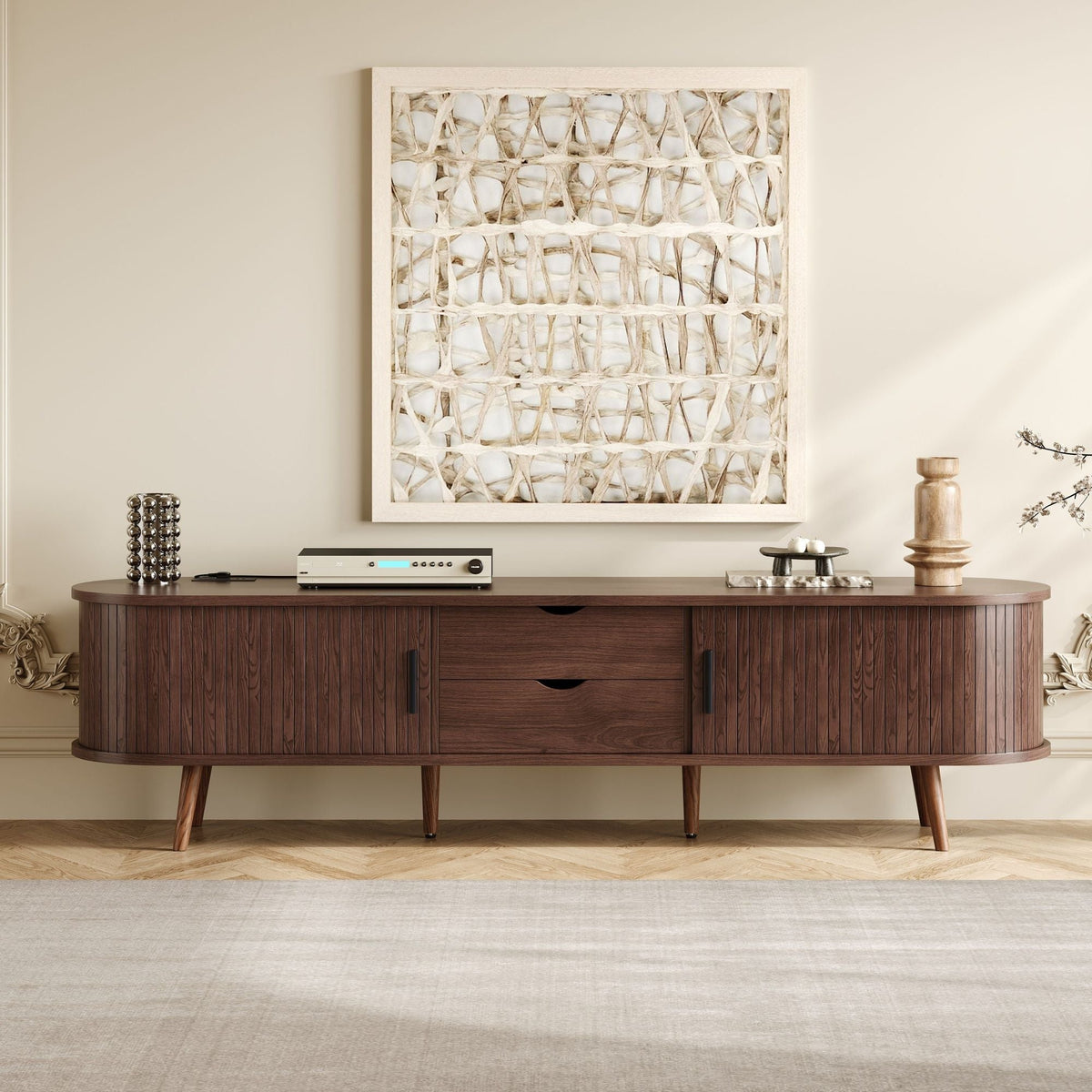 Mid-Century Modern TV Stand with Tambour Doors & Power Outlet - Natural Wood