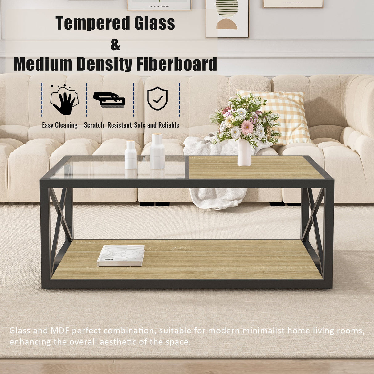 Modern Coffee Table with Tempered Glass and Natural Wood MDF Top