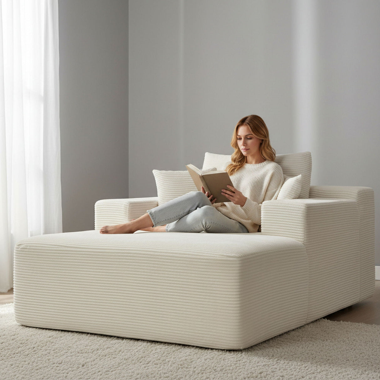 Convertible Chaise Lounge Chair With Wide Armrest & Throw Pillows