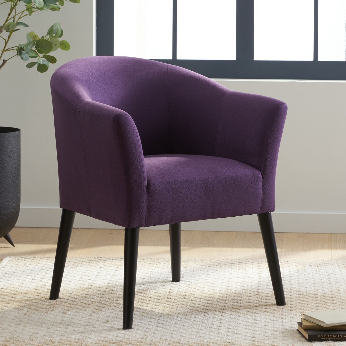 Fabric Arm Chair With Wooden Legs And Cushioned Seat - Plum
