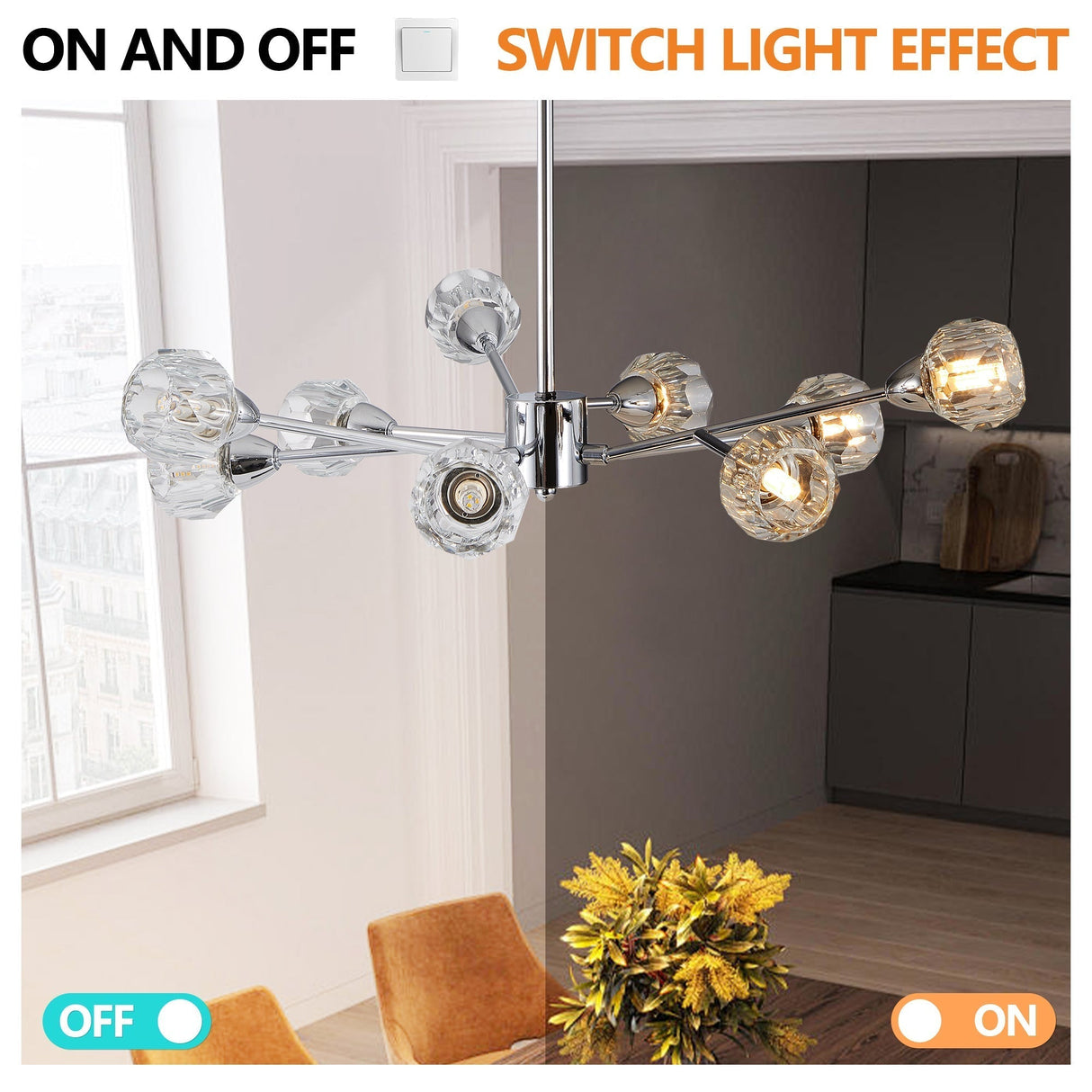 28' Modern Crystal Chandelier with 9 Lights - Chrome Finish