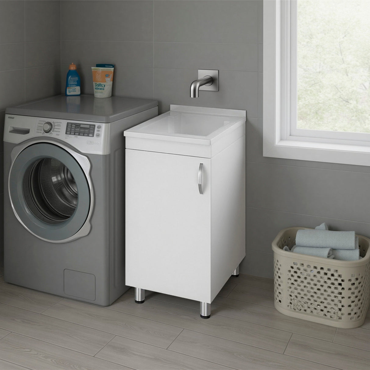 Slee Compact Utility Sink Cabinet with Storage and Metal Legs for Laundry Room