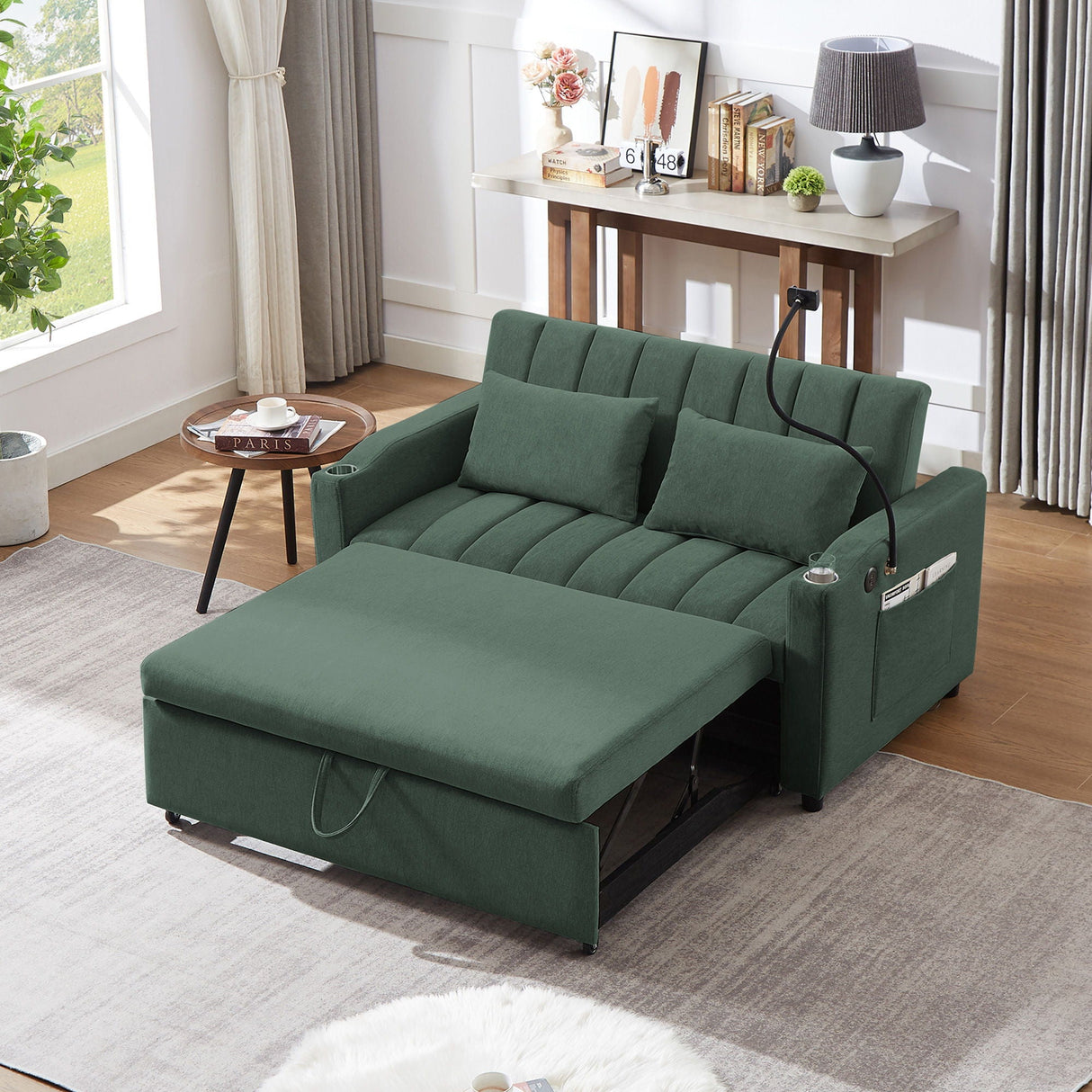 Convertible Sofa Bed Loveseat Sofa With Three USB Ports, Two Side Pockets, Two Cup Holders And 360° swivel Phone Holder For Living Room