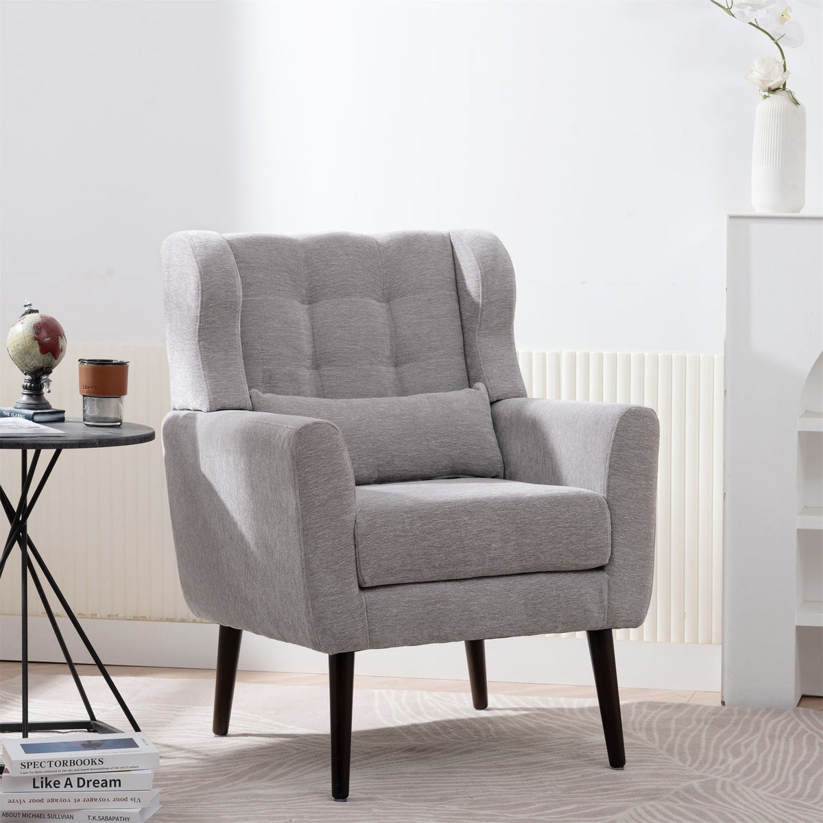 Modern Accent Chair, Arm Chairs For Living Room, Upholstered Mordern Armchair, Comfy Soft Padded Lounge Chair In Small Space, Bedroom, With Pillow, Solid Wood Leg