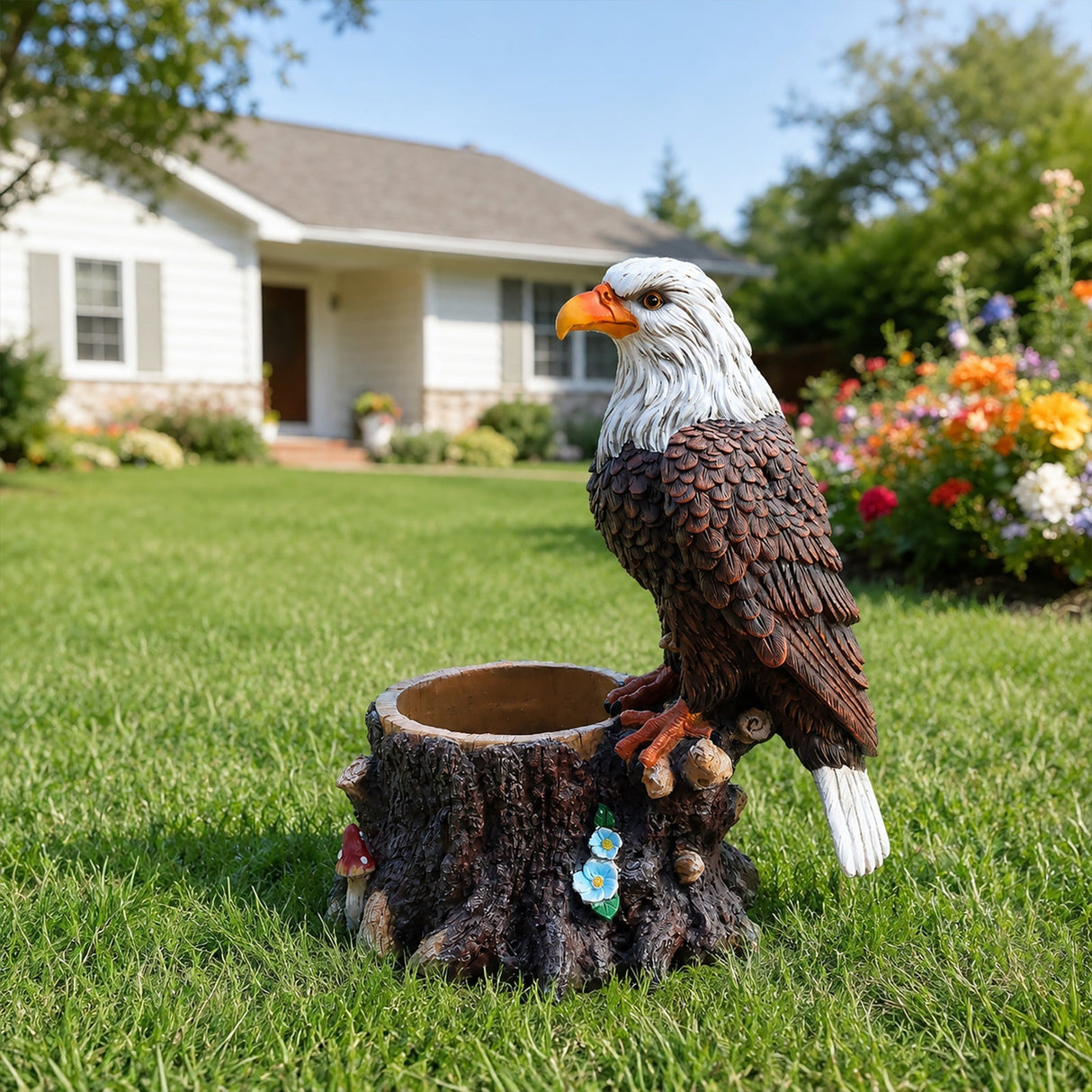 Realistic Standing Eagle Garden Planter on Tree Stump