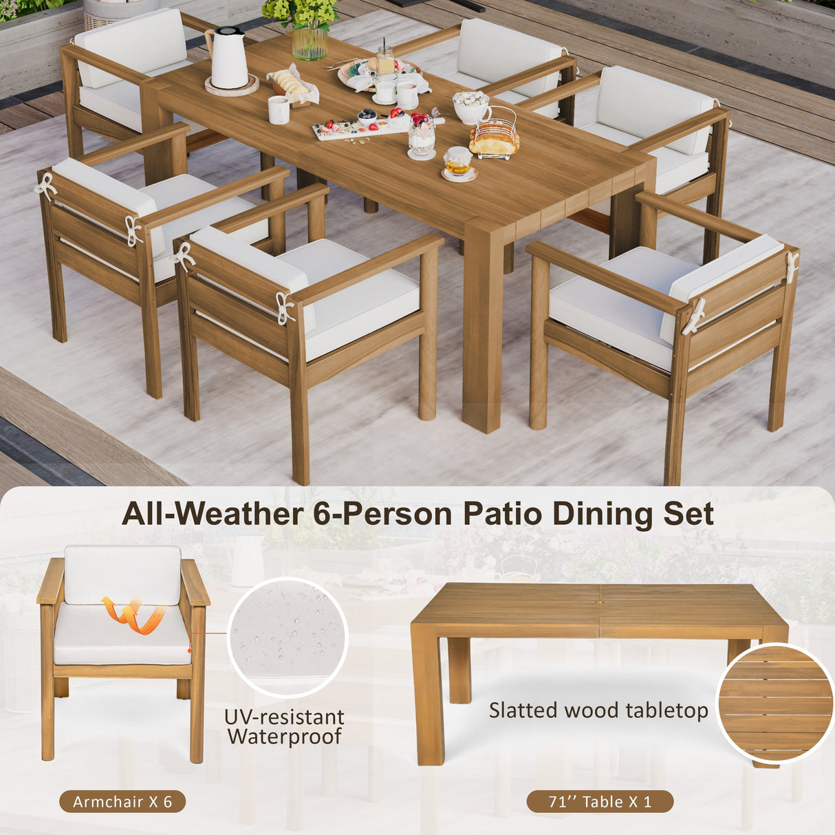 TREXM 7-Piece Patio Dining Table Set for 6,Outdoor Furniture Sets with 72.8'Rectangle Table,Patio Table and Chairs Set with Removable Cushions for Backyard,Garden,Poolside(Light Teak+Beige Cushion)