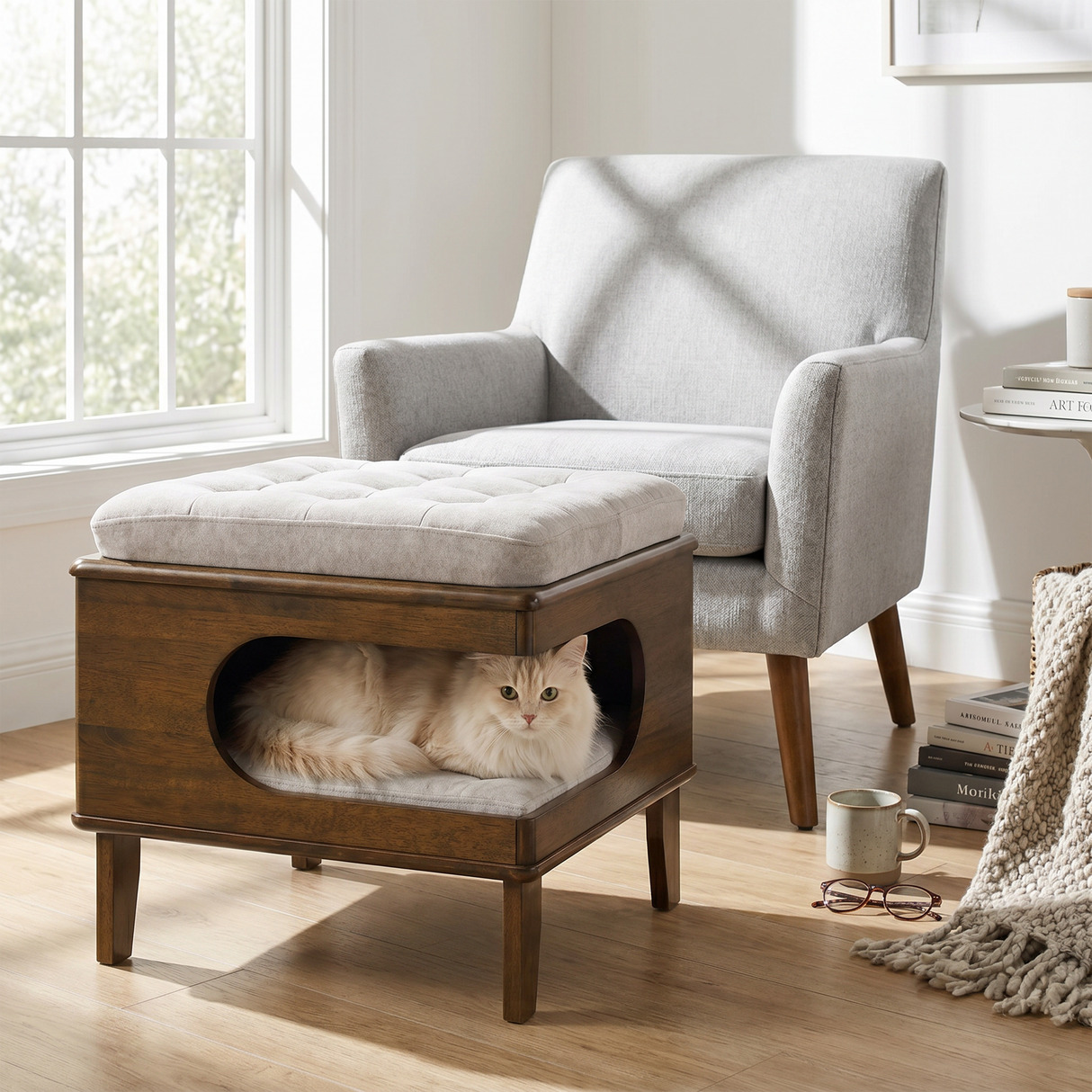 Letitia Rubber Wood Cat Bed Ottoman