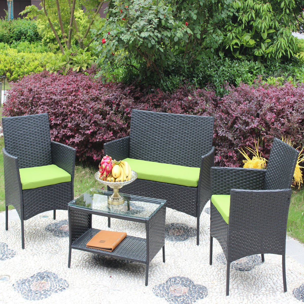4 PC Rattan Patio Furniture Set with Cushions - Black and Green