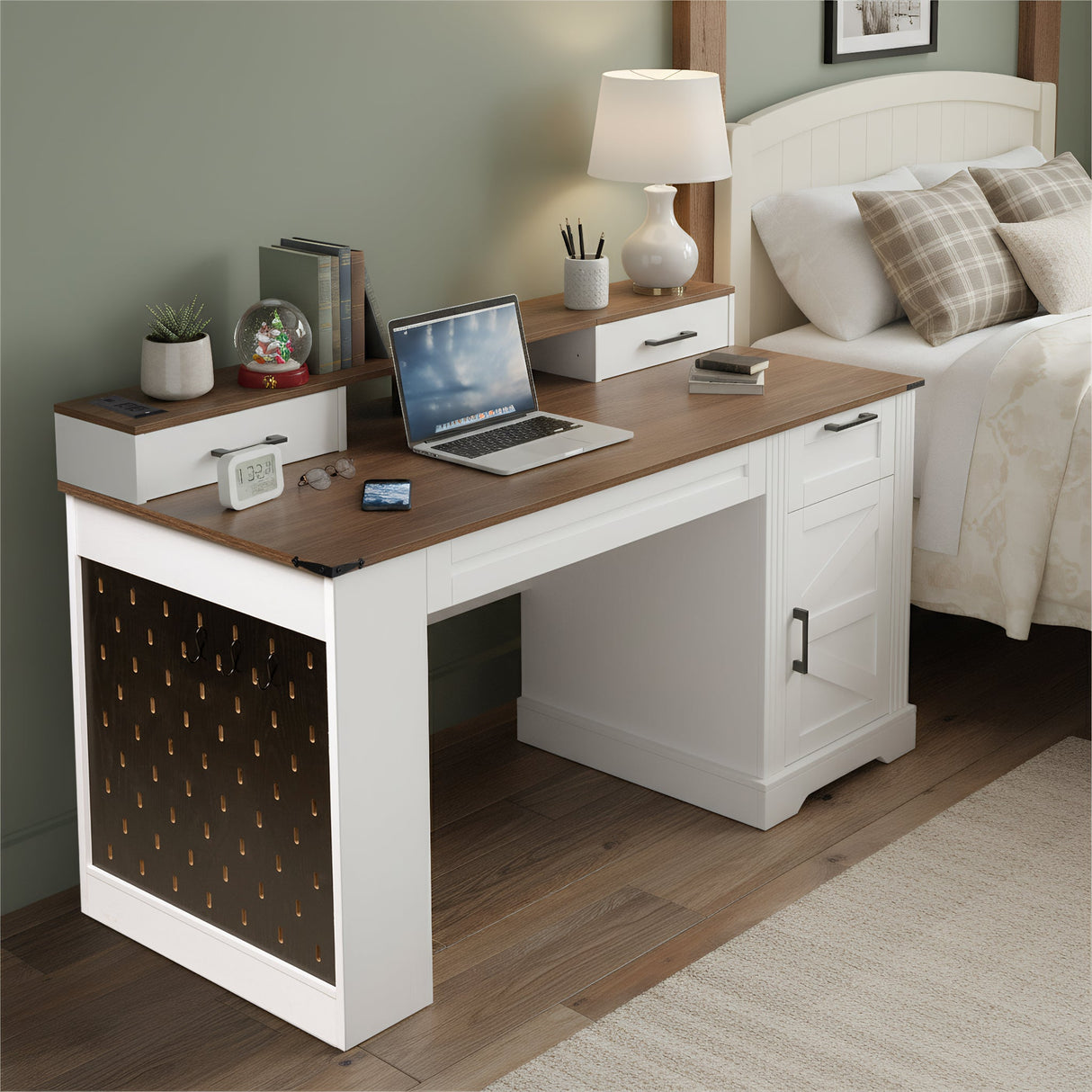 55" Farmhouse Office Desk with Storage Cabinet & Charging Station