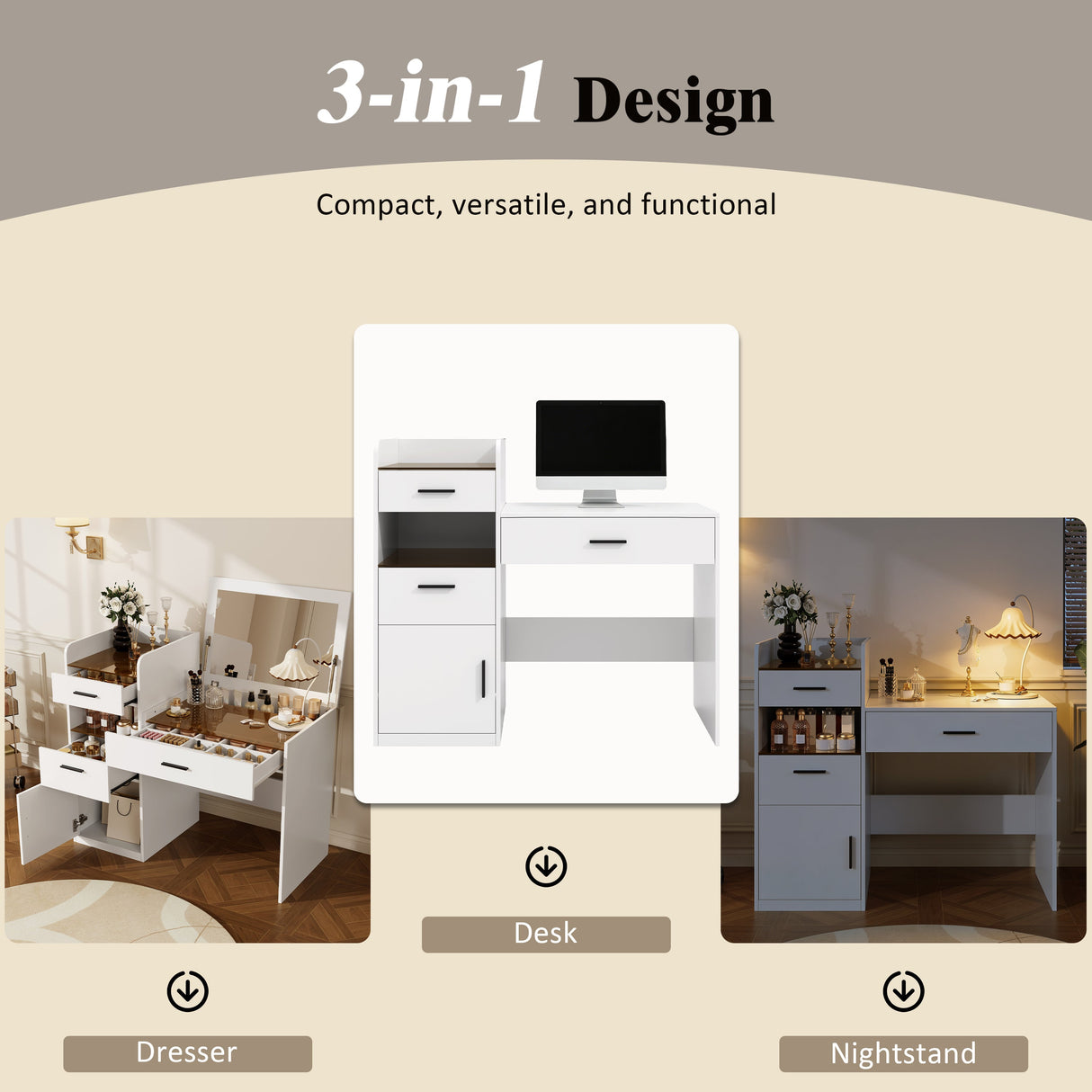 3-in-1 Vanity Desk with Flip Top Mirror, Glass Top Compact Makeup Vanity & Hidden Storage