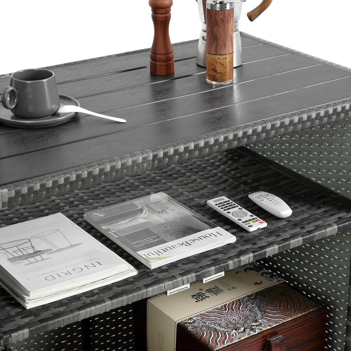 Outdoor Wicker Bar CartPatio Wine Serving Cart w/Wheels Rolling Rattan Beverage Bar Counter Table w/Glass Top for Porch Backyard Garden Poolside PartyLight brown