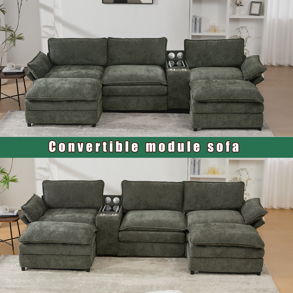 U Shaped Modular Sectional Sofa with Storage Console & Bluetooth Speakers