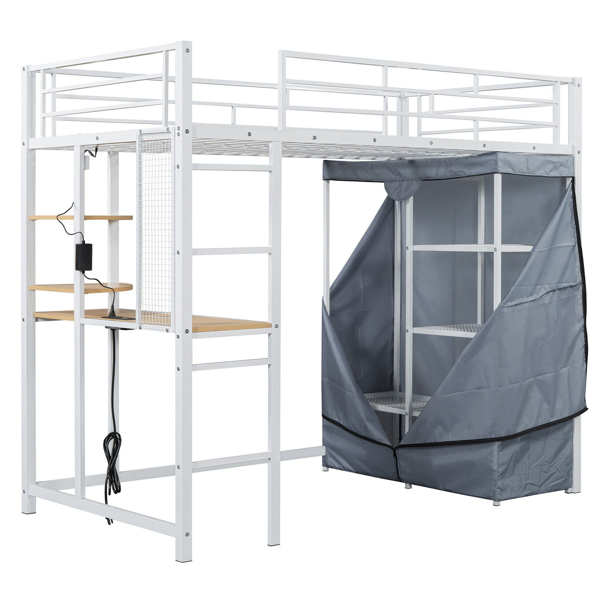 Loft Bed With Desk, Shelves, Power Outlet, LED Light And Wardrobe