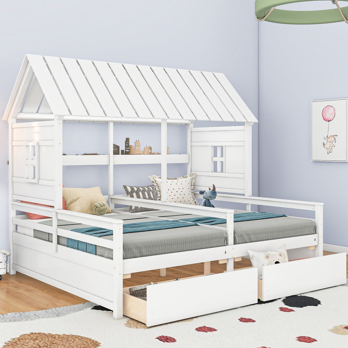 House Platform Beds With 2 Drawers, Side By Side Design