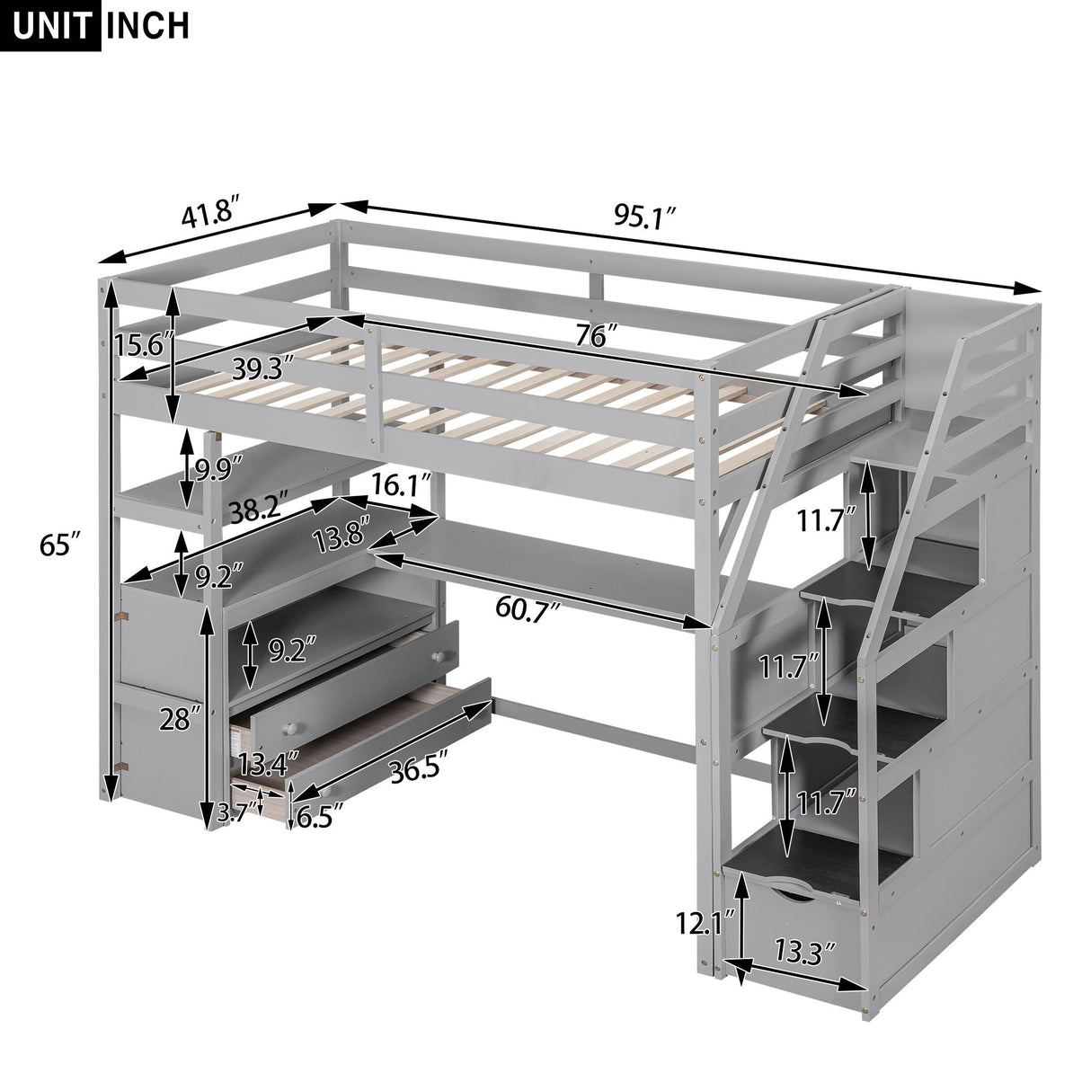 Loft Bed With Desk, Shelves, 2 Drawers, Storage Staircase