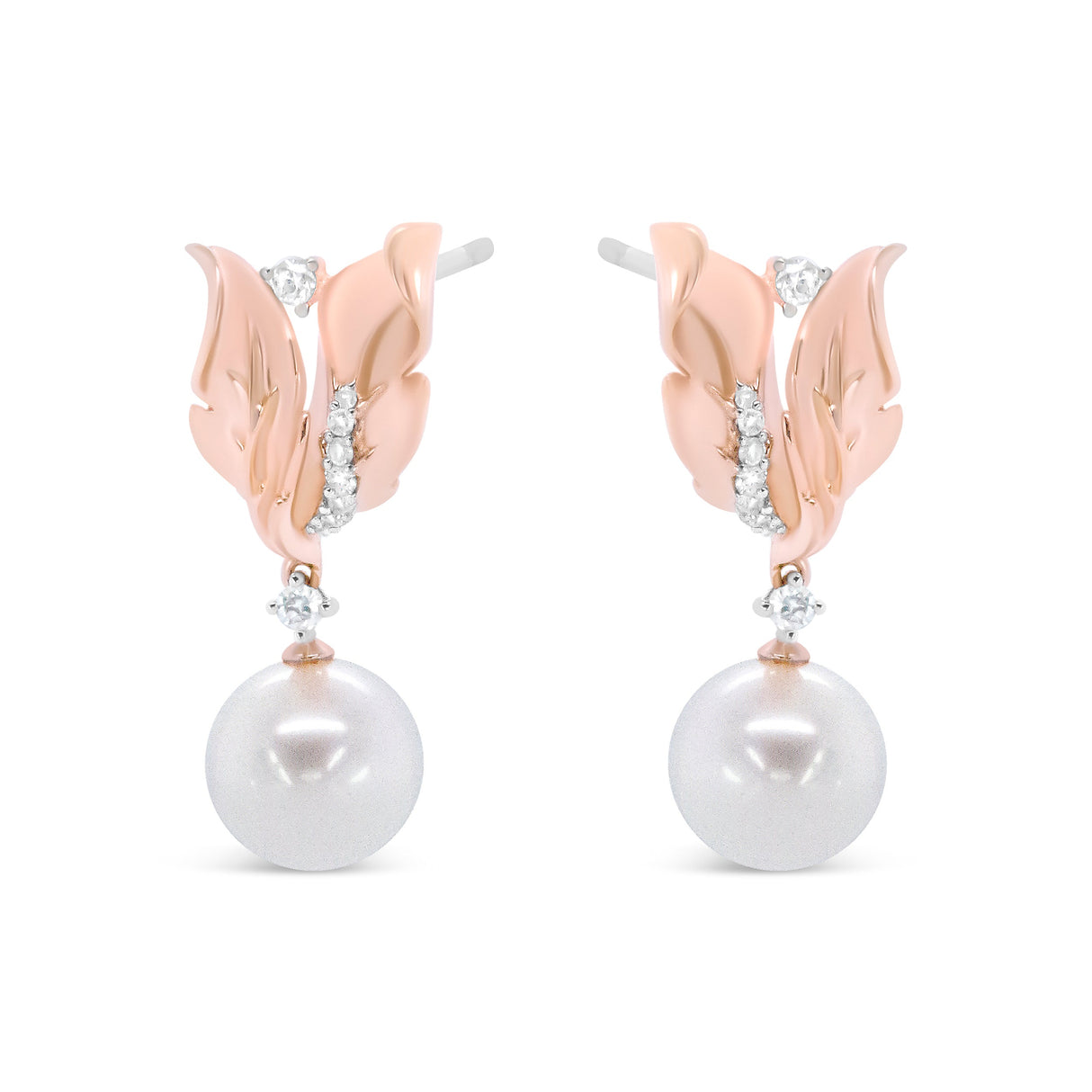 14K Rose Gold 1/6 Cttw Round Diamond and 8mm Round Pearl Floral Drop Stud Earrings (H-I Color, I1-I2 Clarity)