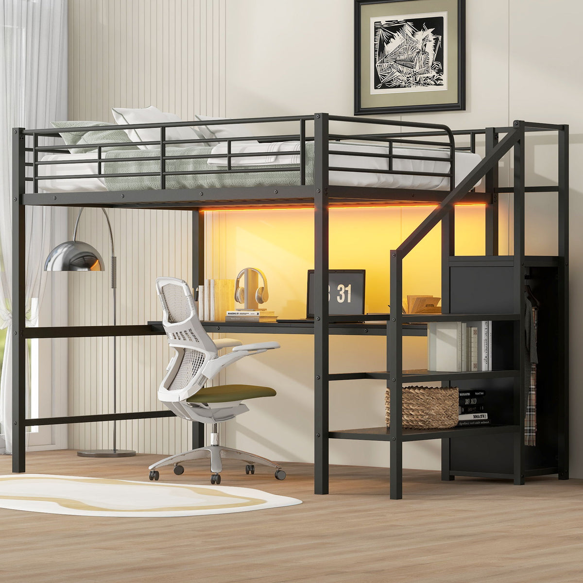 Full Size Loft Bed With Desk, Storage Staircase, Small Wardrobe And LED Light - Black