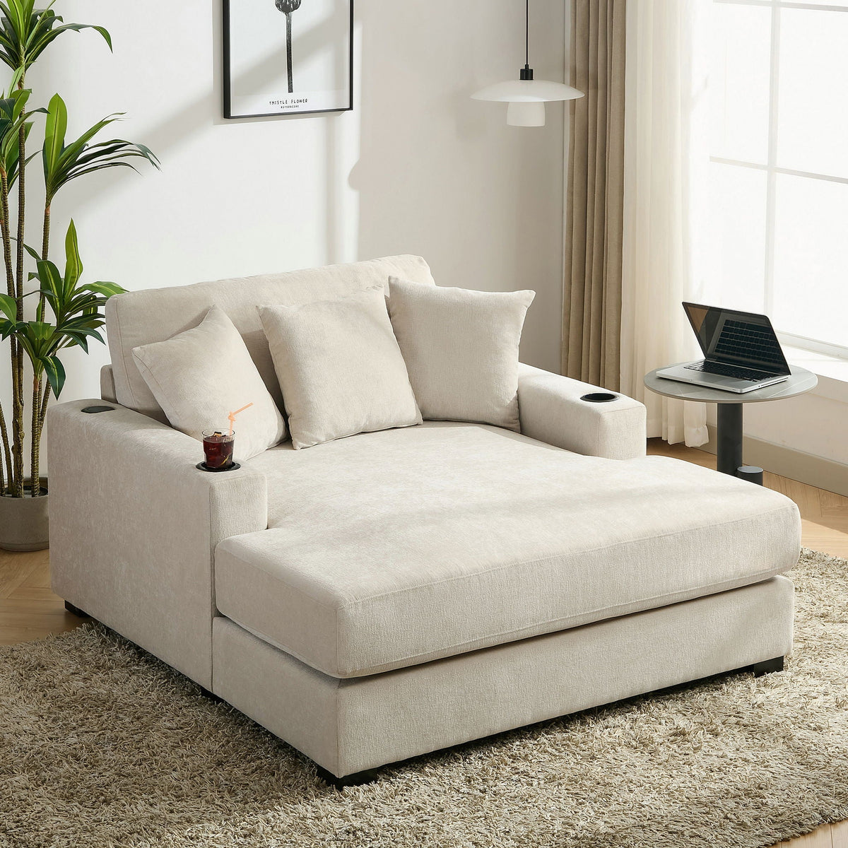 Oversized Chaise Lounger Modern Style Sofa Couch With Pillows, Charge Station & Cup Holders