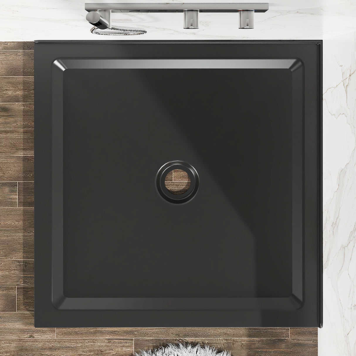 Shower Base, Anti Slip Center Drain Double Threshold - Black