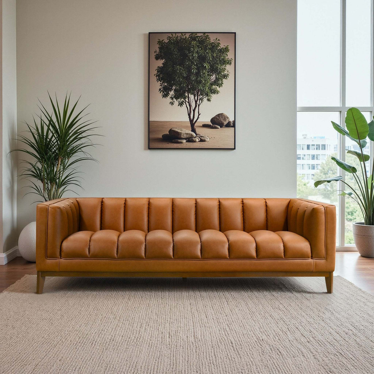 Melissa Mid-Century Cognac Vegan Leather Modern Sofa