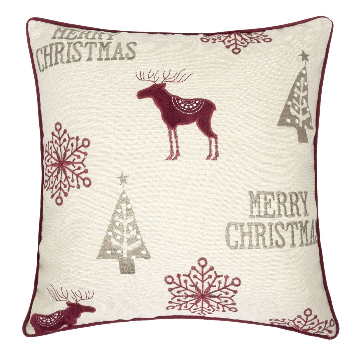 Merry Christmas Embroidered Poly Linen Throw Pillow 20x20