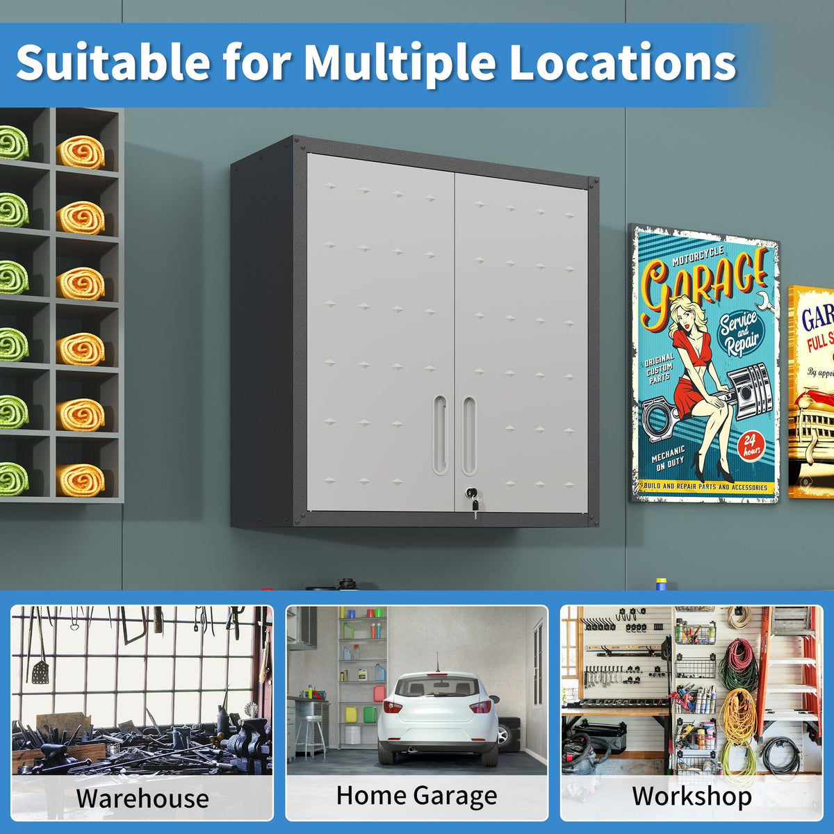 Metal Wall Mounted Tool Storage Cabinet With 2 Locking Doors, Adjustable Shelf, And Drawer