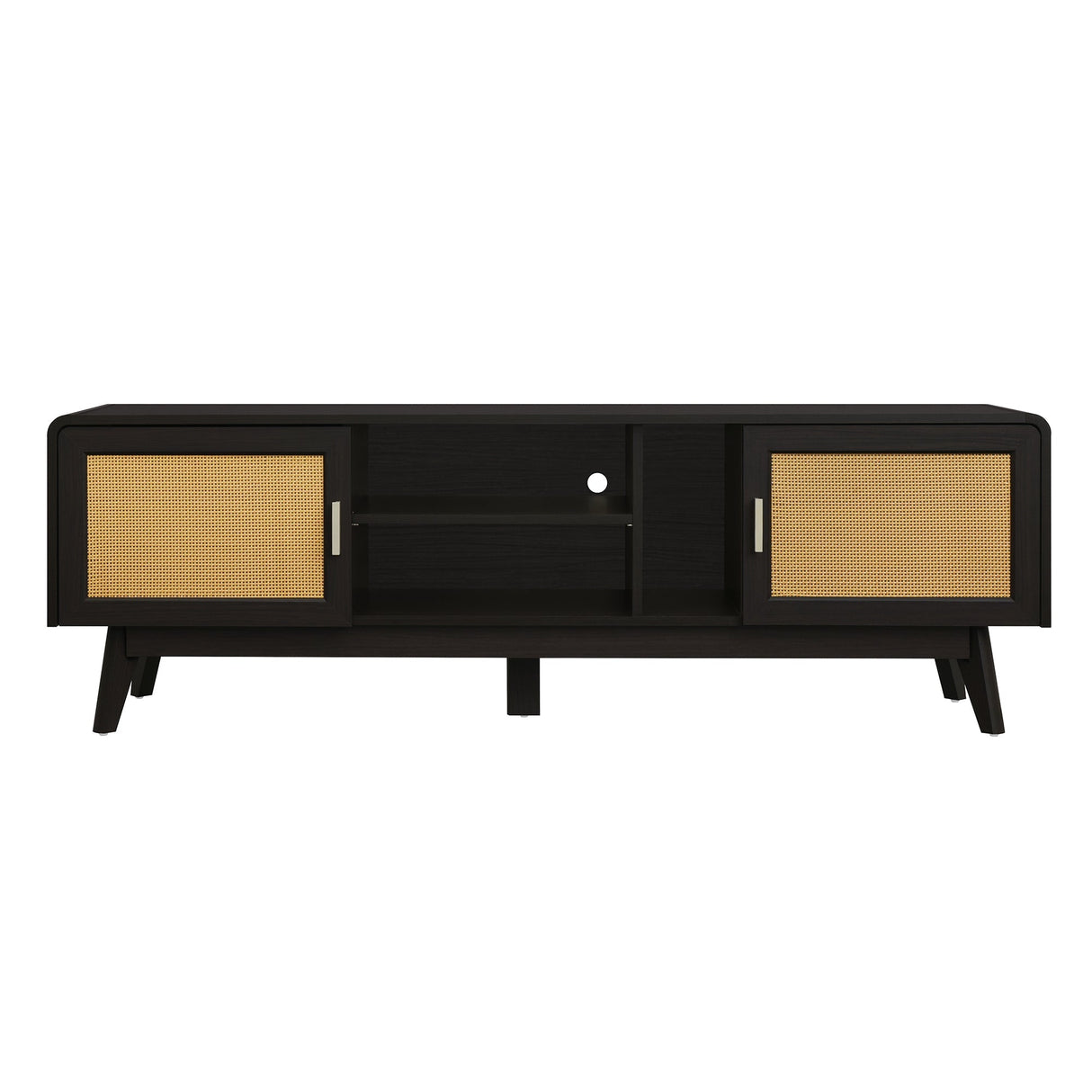 63'' Dark Rattan TV Stand with 2 Storage Cabinets and Solid Wood Legs