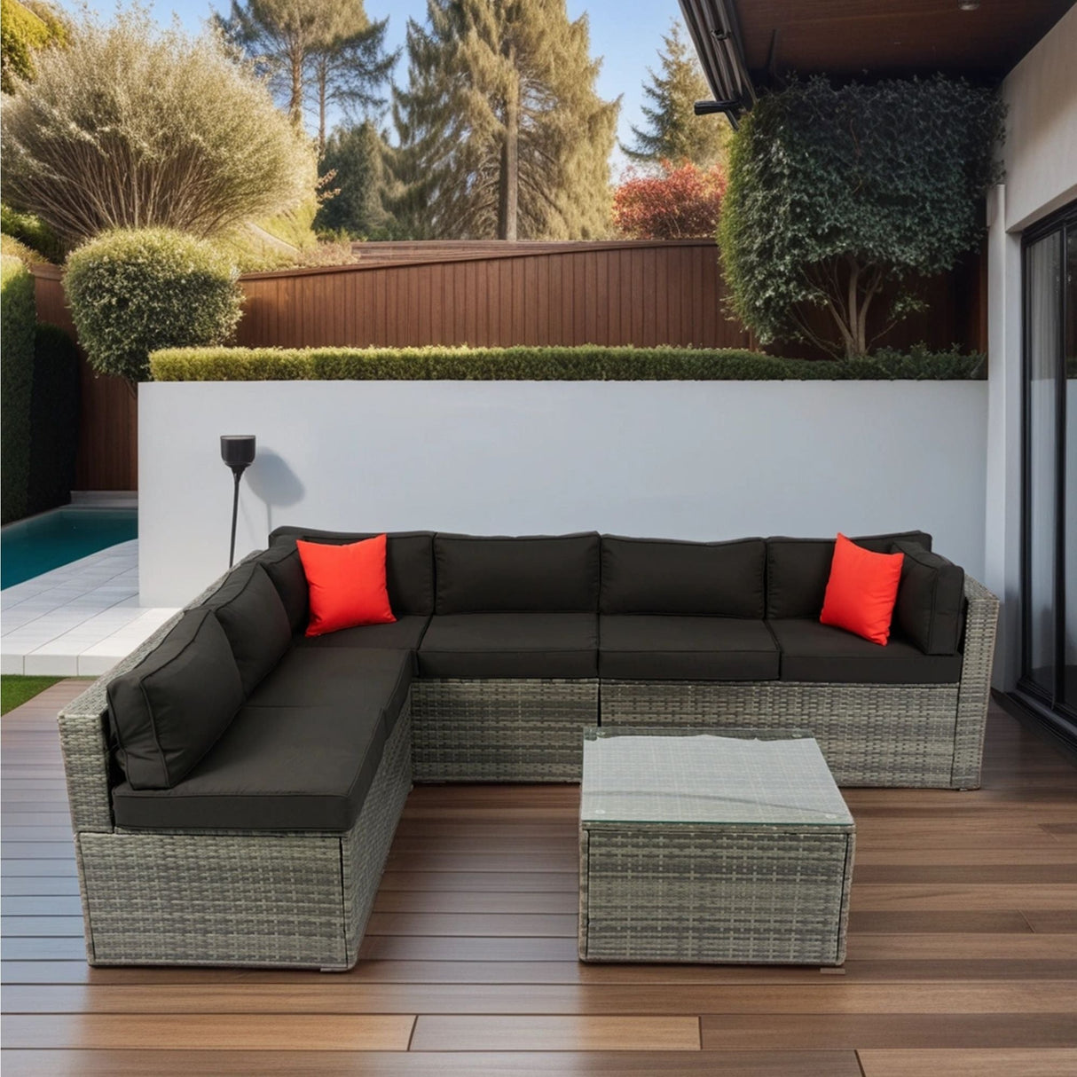 5 Pieces Rattan Sectional Outdoor Furniture Cushioned U Sof Set With 2 Pillow - Gray / Black