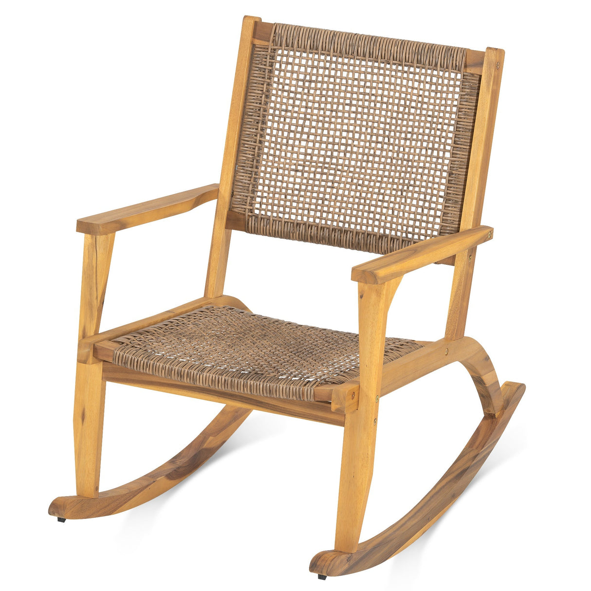 GO 2 Pieces Patio Rocking Chair Set, Acacia Wood Outdoor Rockers with Wicker Rattan Seat & Backrest, Comfortable Garden Porch Chairs for Backyard, Balcony, and Poolside, Natural