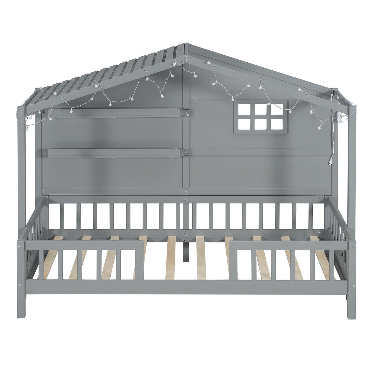 House Bed With Shelves, Window And Sparkling Light Strip On The Roof
