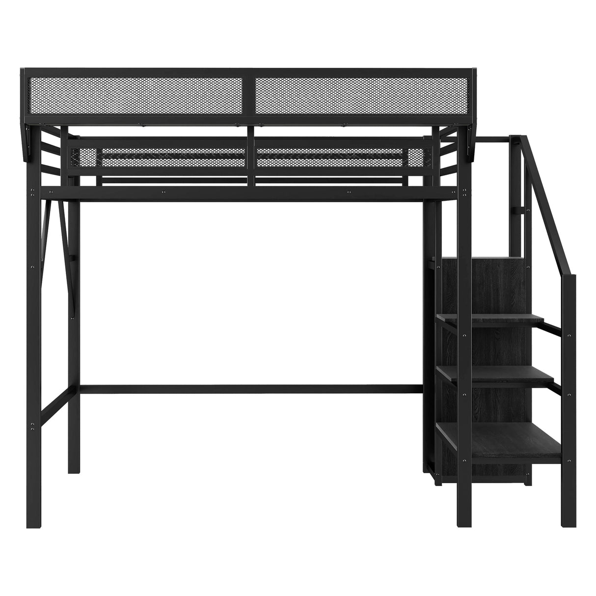Twin Size Loft Bed with Stairs, Metal Full Loft Bed with Storage Shelves