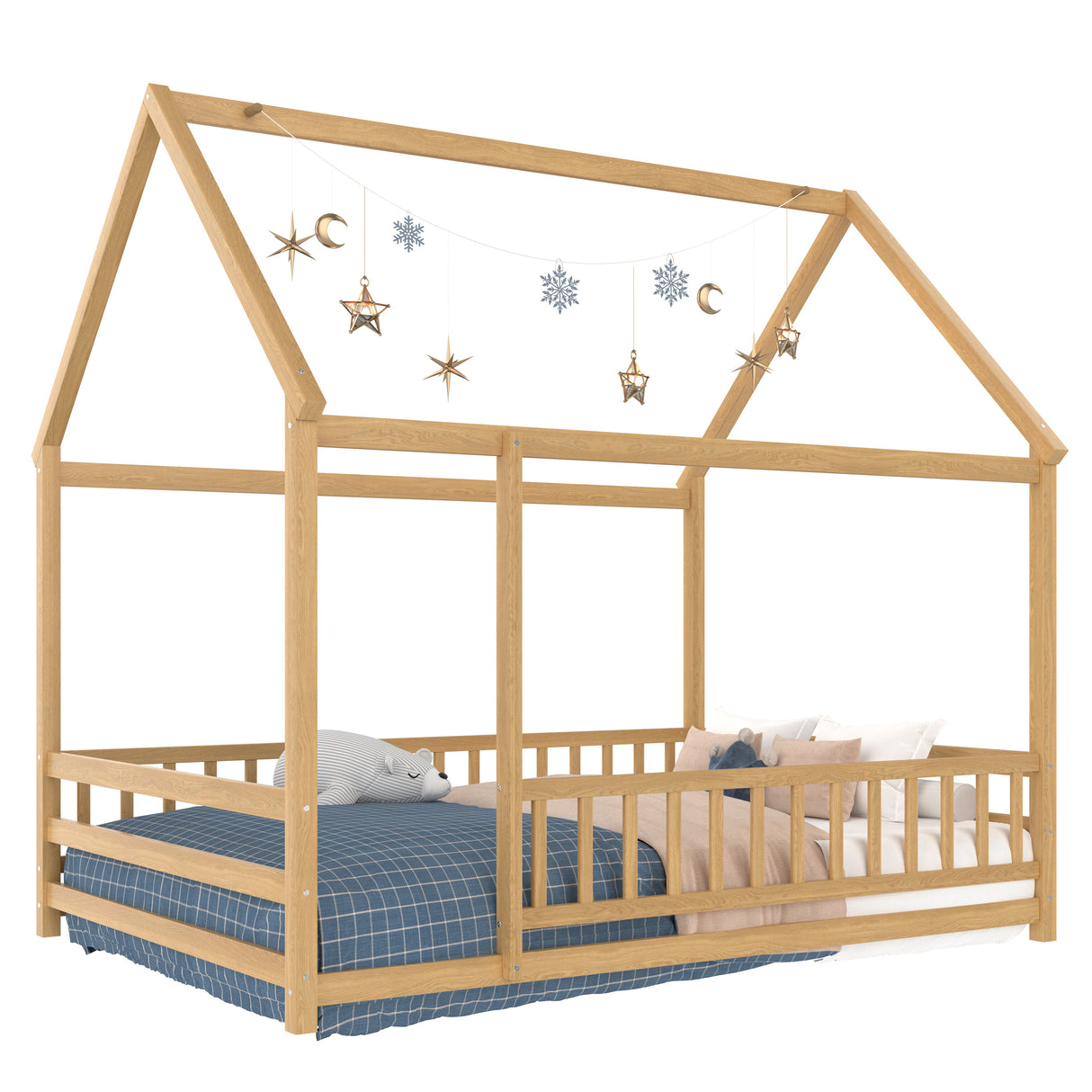 Full Size Floor Wooden Bed with House Roof Frame