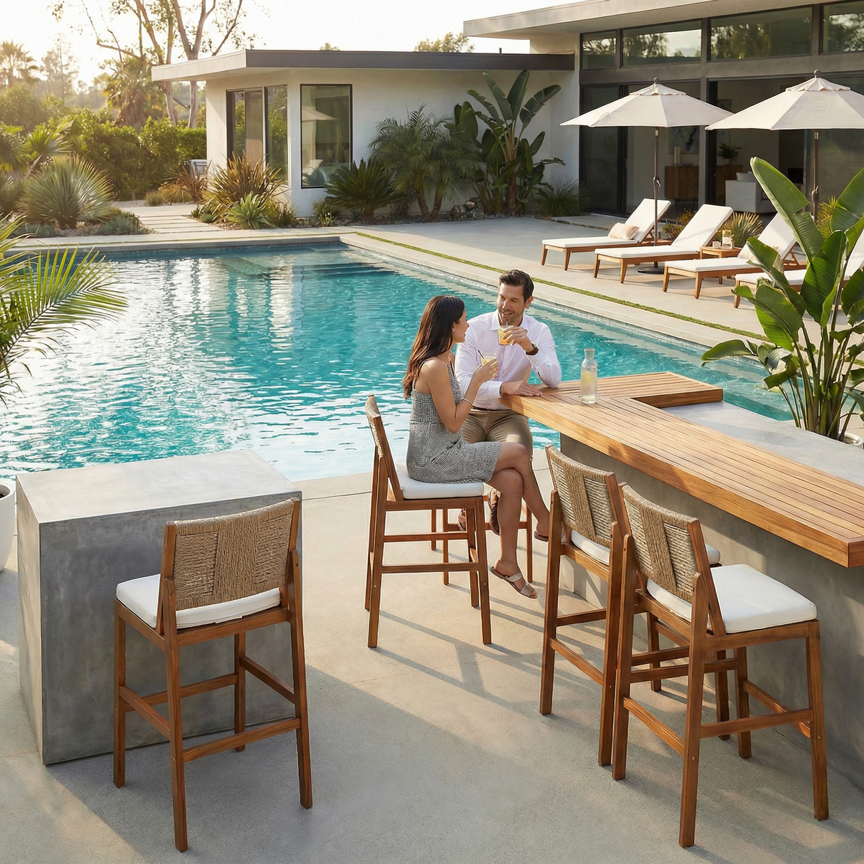 4 Pieces Natural Outdoor Bar Stool Set - Solid Acacia Wood and Woven Wicker