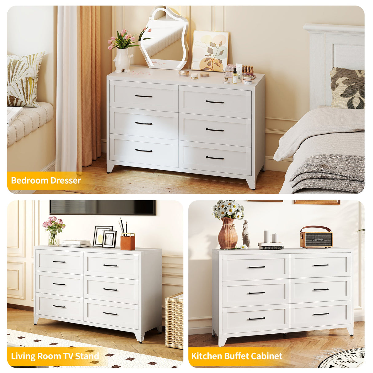6 Drawer Dresser for Bedroom, Modern Metal Storage Chest