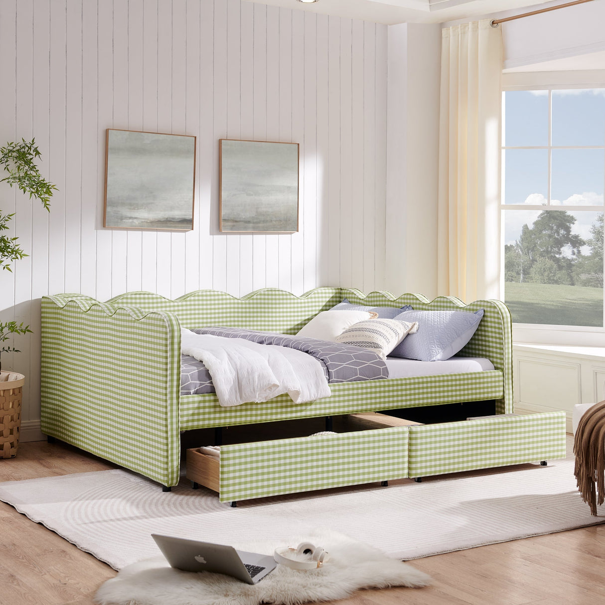 Queen Size Cozy Gingham Daybed with Two Storage Drawers, with USB Port and Adorable Wave Shaped, Linen Fabric