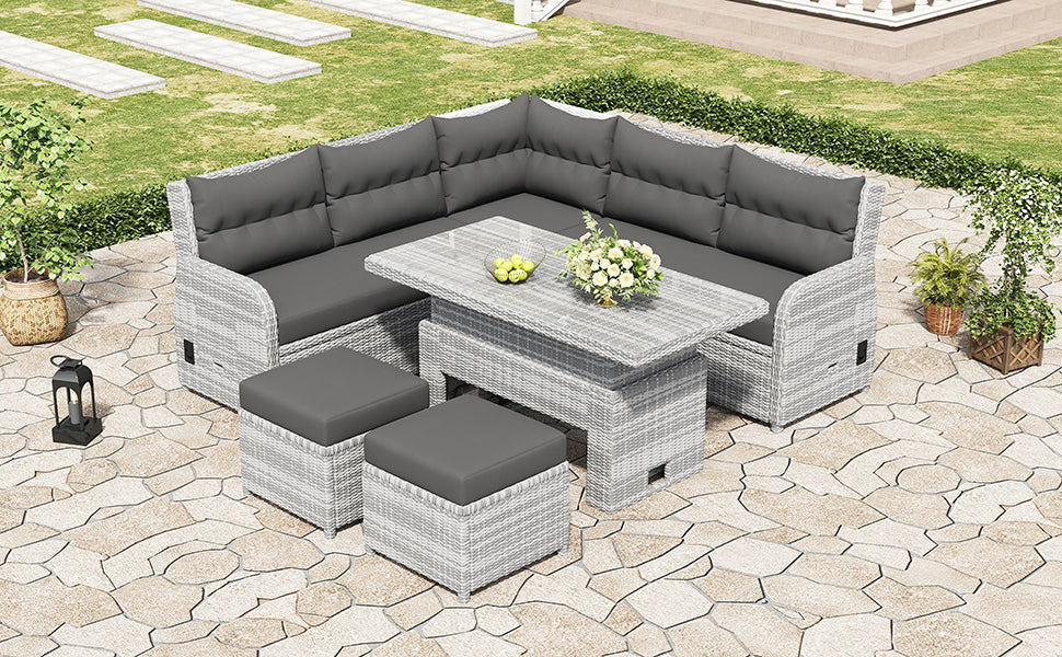 Outdoor Furniture Set Patio Rattan Furniture with Adjustable Table, Recliners, Side Tables, Ottomans
