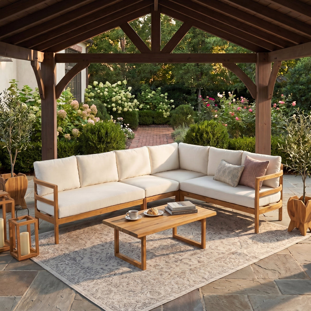 Outdoor Acacia Wood 5-Seater Sectional Sofa Set