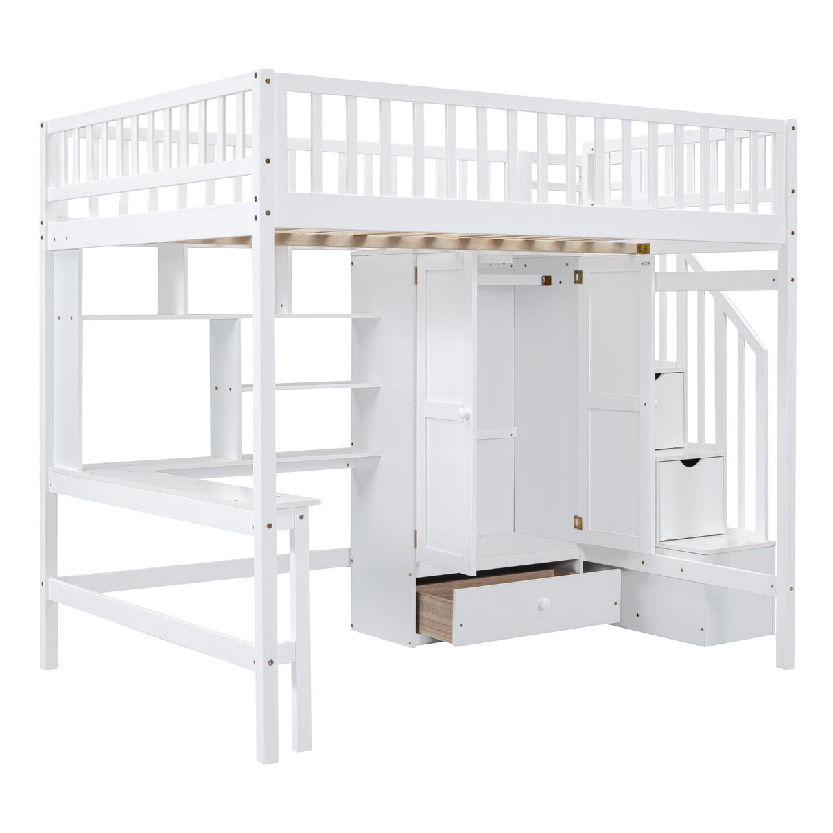 Loft Bed With Bookshelf, Drawers, Desk, And Wardrobe