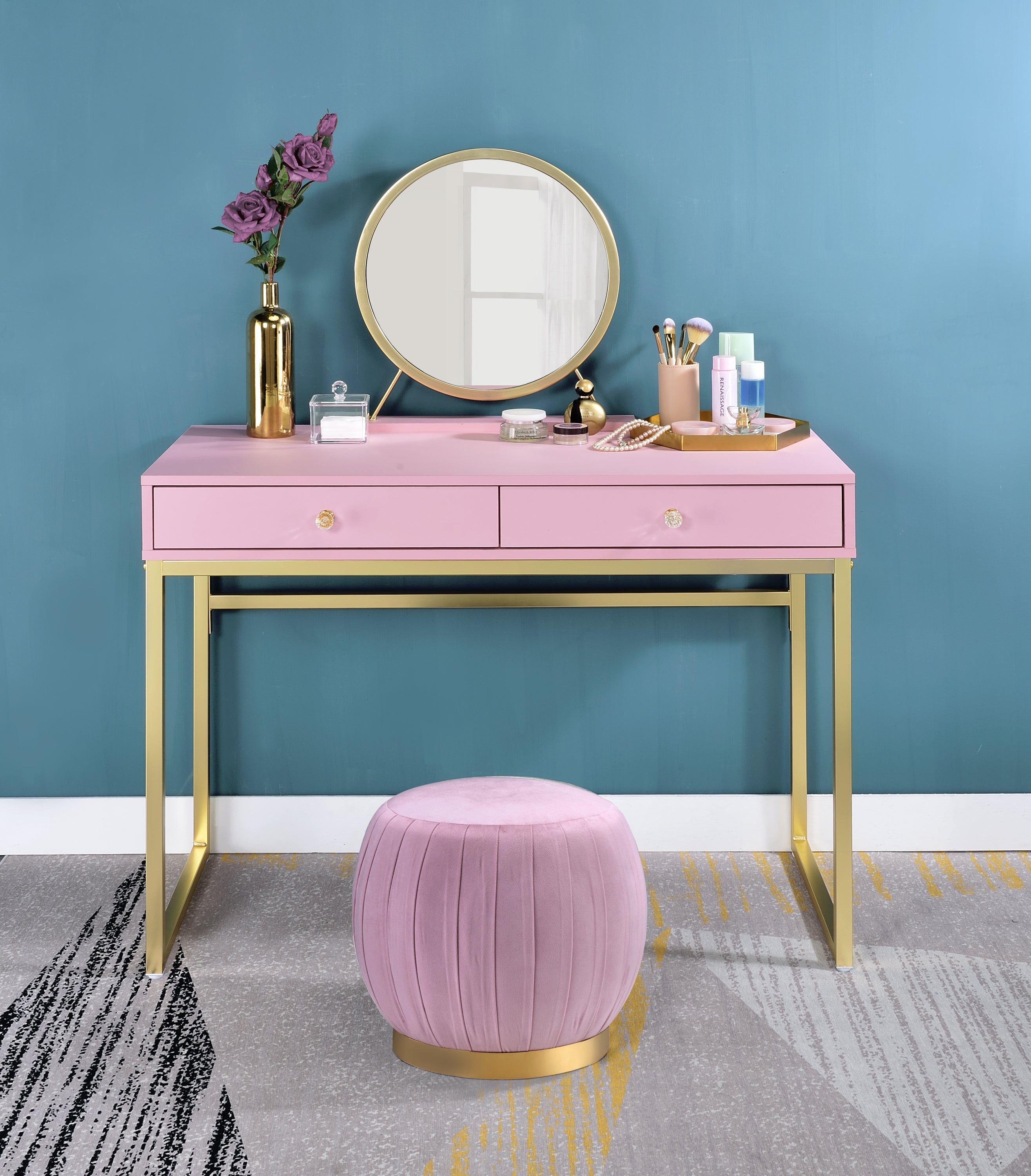 Coleen-Vanity-Desk-w/Mirror-&-Jewelry-Tray-in-Pink-&-Gold-Finish-VANITY