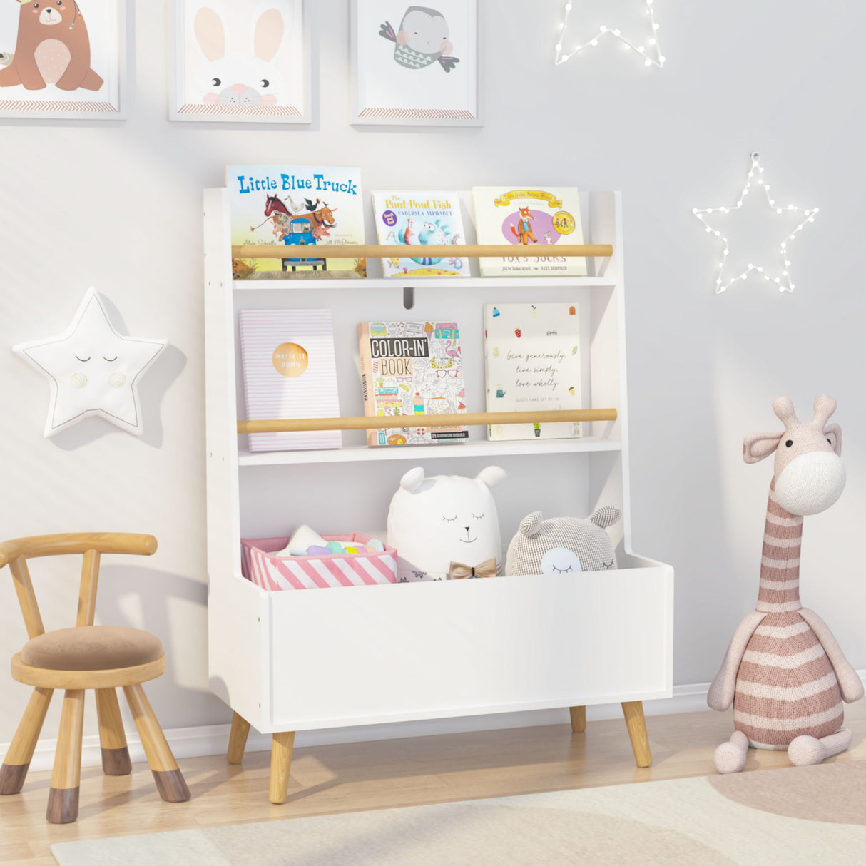 Bookshelf , Book Organizer With Toy Storage - White