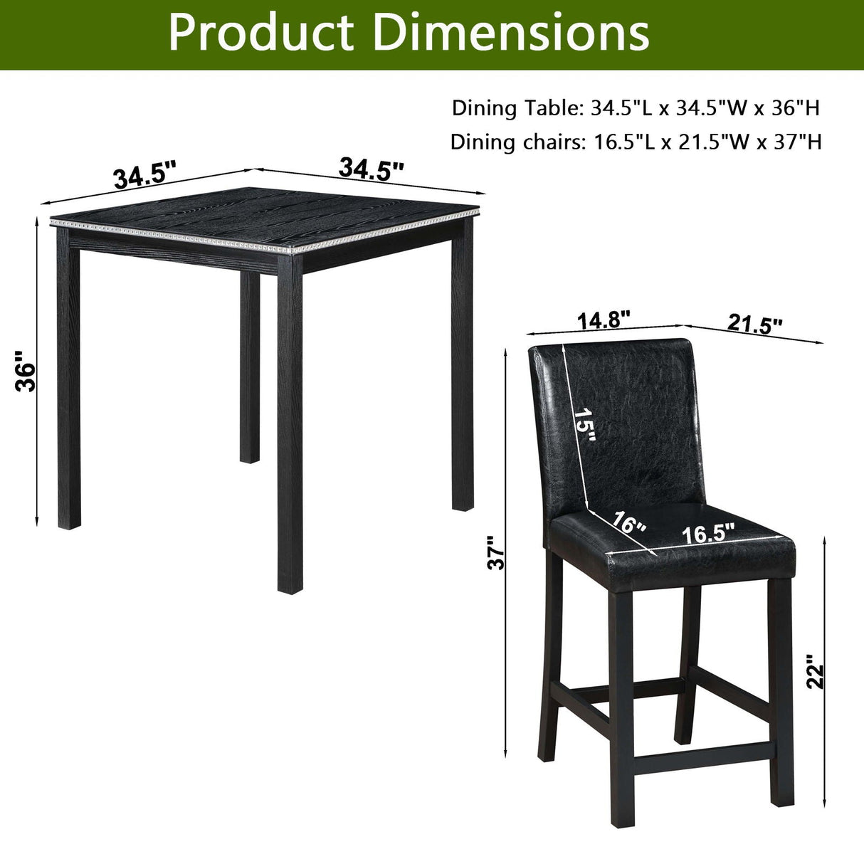 5 Pieces Counter Height Table Set, Kitchen Table With Square Table And 4 Upholstered Chairs